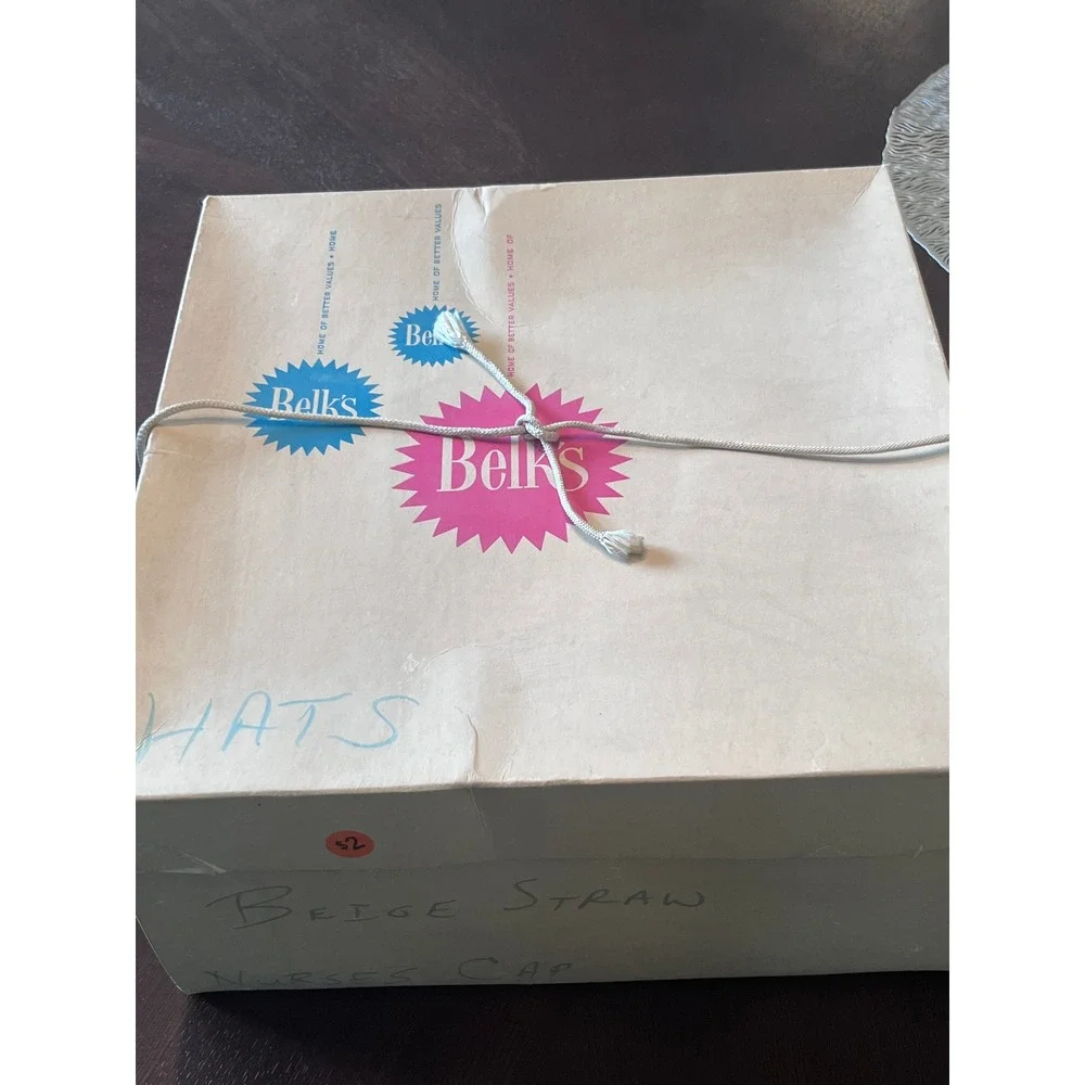 Belks Straw Sun Hat Womens 22 Cream Excellent Vintage 60s Wide Brim Ribbon Box
